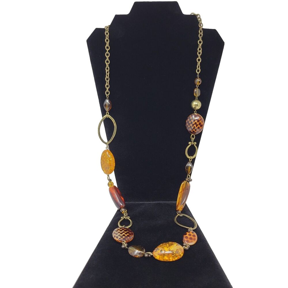 Chicos Brown Orange Beaded Gold-tone Long Adjustable Necklace 18” L Vintage